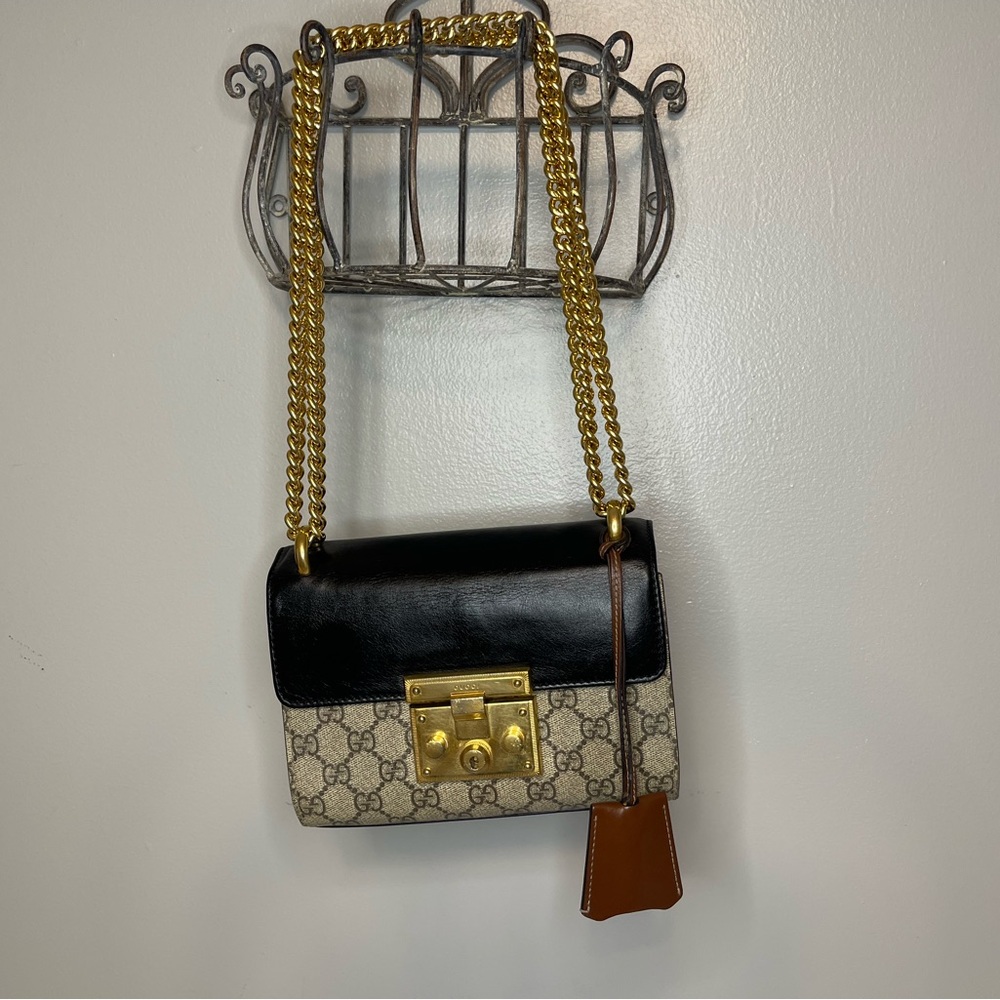 Gucci Black Leather & Beige GG Canvas Shoulder Bag with Gold Chain